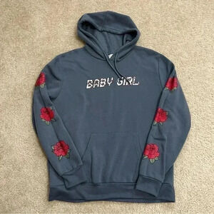 Baby Girl Orange Kiss Roses Flowers Hoodie Sweater Pullover Blue Women’s Medium